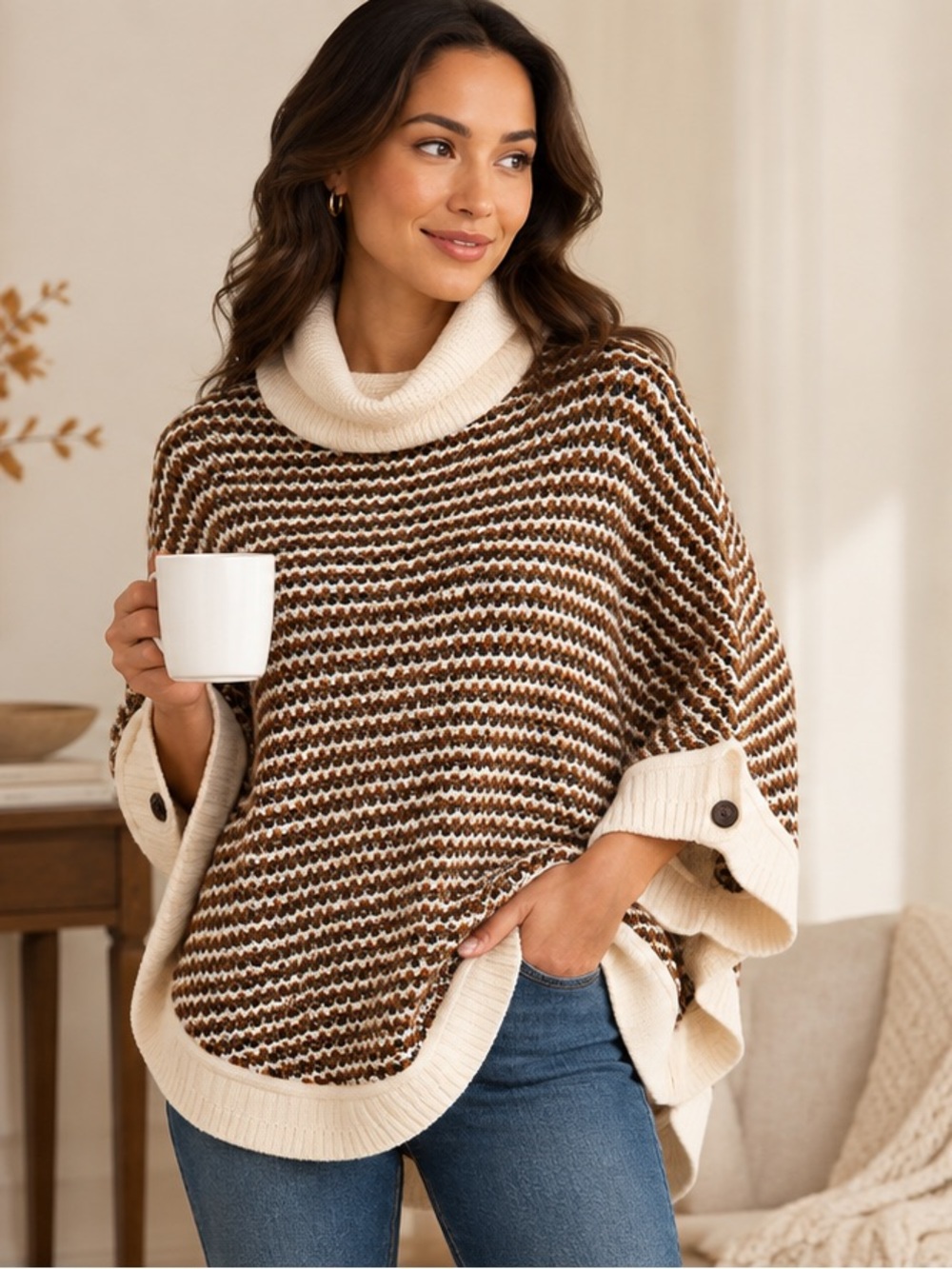 Talbots Lambswool Blend Cowl Neck Poncho Sweater Cream Brown XS